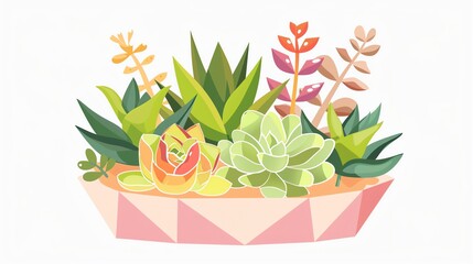 Fototapeta premium Create a clipart of a Succulent arrangement in a geometric terrariumin a kawaii style, simplified to feature fewer elements for a cleaner look, Use a color palette that is appealing to children