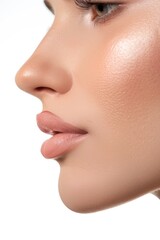 Obraz premium The lips of a woman with pink lipstick applied, highlighting her fresh makeup look.