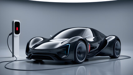 Black electric car is charging at a charging station against view of the room modern city background. 3d, rendering, illustration, studio shoot.