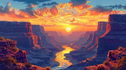 Illustration of majestic canyon art featuring towering cliffs and flowing river.