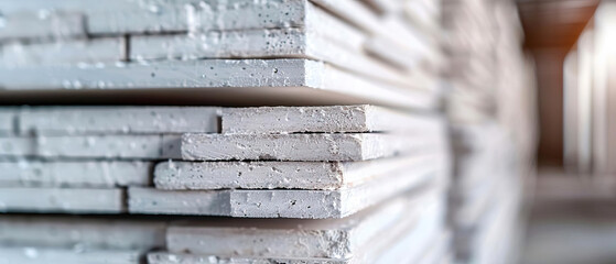 Stacks of gypsum boards, showing their use in wall and ceiling construction.