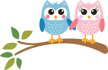 Couple of owls on branch tree with leaves