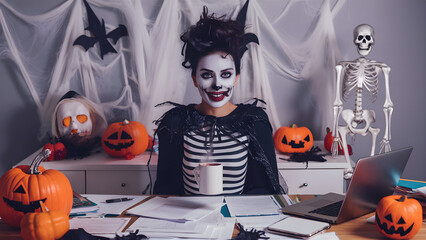 Holidays at work with a business woman celebrating Halloween at office with an halloween decorations and orange pumpkin. Woman dressed for Halloween working on desk at home.