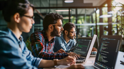Focused team of software developers collaborate intensely on their laptops in a modern, glass-walled office.