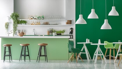 White and green cafe interior with bar counter, Ai Generative