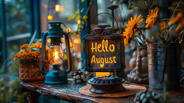 Vintage wood type with August text on abstract calendar landscape.