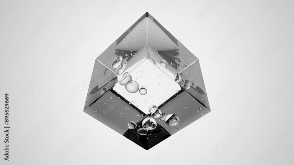 Poster air bubbles inside transparent cube on a white background: animated element, geometric design, dynam