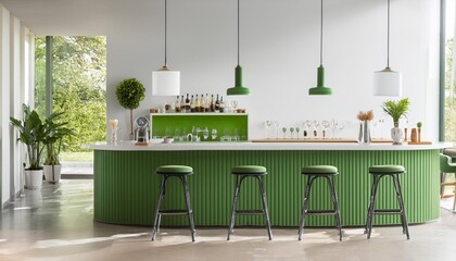 White and green cafe interior with bar counter, Ai Generative