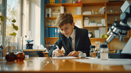 Fototapeta premium A young boy, dressed in formal attire, keenly writes in a notebook surrounded by scientific apparatus in a bright, organized classroom.