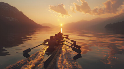 Rowers paddle in unison across a calm lake at sunset, their silhouettes beautifully reflected in the golden waters.
