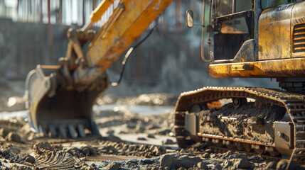 Fototapeta premium Close-up of the rear and front gears of an excavator in the style of a construction site against a background of dirt working on a sunny day.