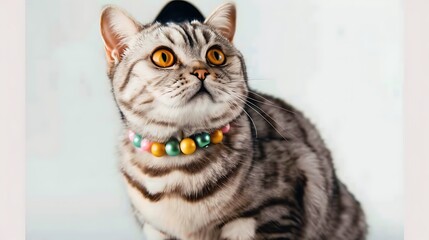 American Shorthair Cat Wearing Beaded Collar Looking Alert
