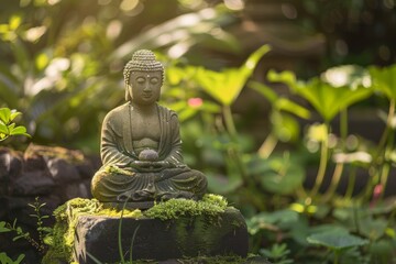 A serene Buddha statue sits amidst lush green foliage, bathed in gentle sunlight