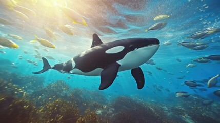 Killer Whale Swimming Through a School of Fish