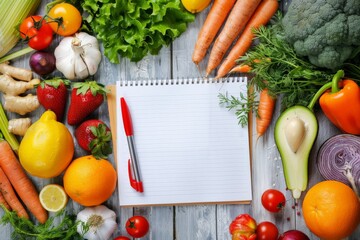 Fresh Produce and Blank Notebook with Pen.