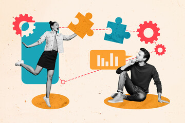 Composite trend artwork sketch image photo collage of young man woman solve puzzle cogwheel cooperation teamwork stats trader workspace