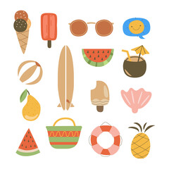 Summer flat elements. Simple vacation symbols and icons set - peach, watermelon, surfing. Stock illustration