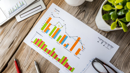 A colorful business report graph displayed on a wooden desk alongside a plant, glasses, and a cup of coffee, reflecting productivity and analysis.
