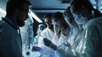 Doctors and scientists gathered around lab equipment in a high-tech laboratory, collaborating intensely on a research project.