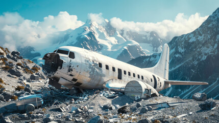 An abandoned plane wreck lies on a rocky slope with a backdrop of snow-capped mountains, surrounded by scattered debris under a bright, clear sky.