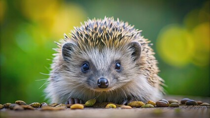 Fototapeta premium Close up of a cute hedgehog, spiky, adorable, animal, mammal, wildlife, prickly, curious, close-up, quills, nature, pet, small