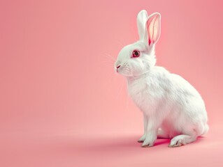 Obraz premium White Rabbit Sitting Pink Surface