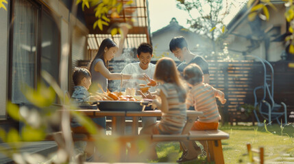 A family enjoys an outdoor meal in a sunlit garden, laughing and bonding over a delicious spread of food.