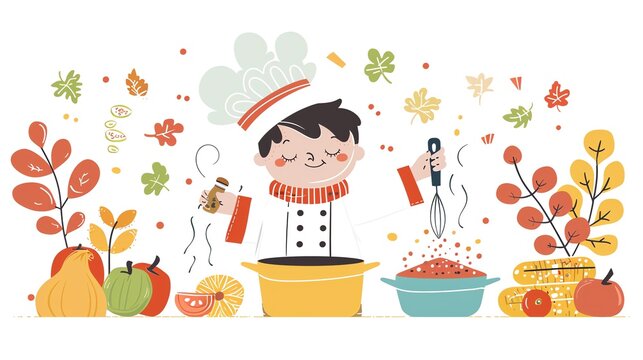 chef cooking autumn food, colorful, cartoon style clip art preview