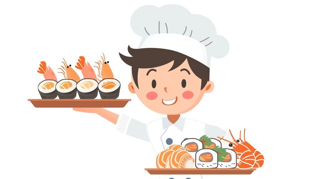 chef serving sushi, shrimp, food on trays clip art preview