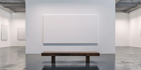 White frame hanging in contemporary art gallery. Mockup promotion poster displayed on the concrete gray wall of minimalist art space interior background. Empty blank mock up poster banner, spot lights