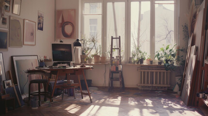 Fototapeta premium A cozy, sunlit artist's studio filled with plants and creative energy, featuring a wooden desk, easel, and various artworks scattered around the room.