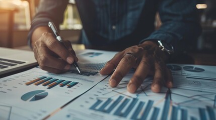 Close-up of a person analyzing financial charts and graphs on a desk with a pen, representing business data analysis and strategy planning.