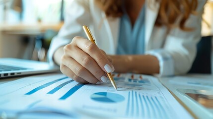 Close-up of a woman's hand holding a pen, analyzing financial charts and graphs on a document at a desk with a laptop.