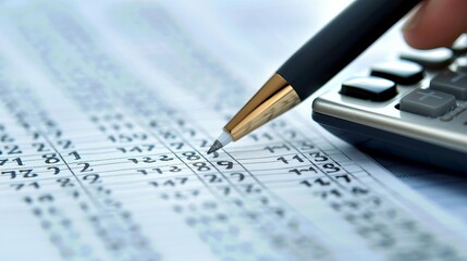 Close-up photo of a pen pointing at numbers on a financial document, with a calculator in the background, representing financial analysis and calculation.