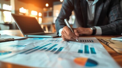 Businessman analyzing statistical data on a charts and graphs in a modern office environment.