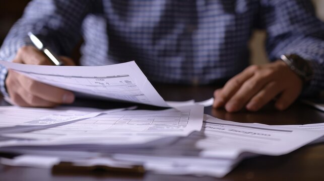 Man in a checkered shirt working at a desk, holding documents and using a pen to write. Papers are scattered on the table.