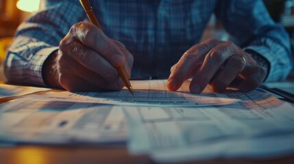 Obraz premium Close-up of elderly hands filling out forms or documents with a pen, symbolizing paperwork, taxes, and financial responsibilities.