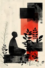 Minimalist Black And White Illustration of a Person Meditating in a Garden, minimal flat vector illustration