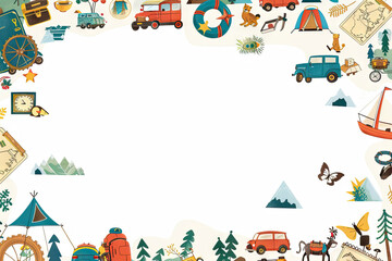  cartoon travel maps, cars, camping gear, adventurist border with white center