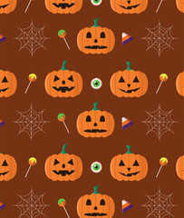 Halloween seamless pattern with pumpkins, candies, spider web and sweets. Vector illustration.
