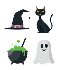 Halloween icon set. Black cat, witch hat, ghost and potion cauldron. Vector illustration.