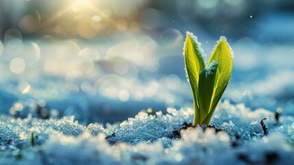 Young green sprout emerging from snowy frozen ground announcing end of winter end beginning of spring season