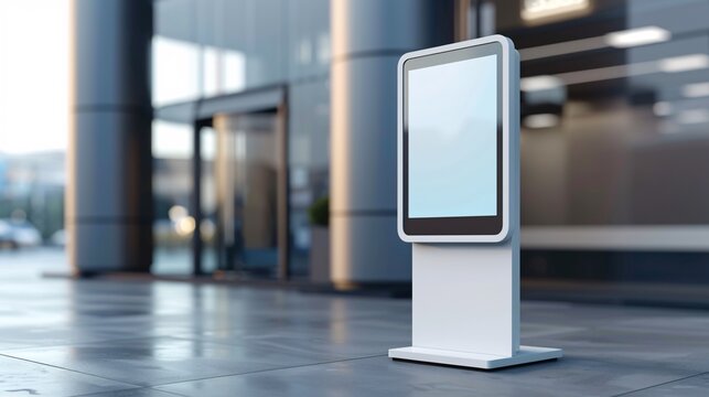 This outdoor kiosk features a white stand, interactive touch screen, and realistic 3D display for convenient self-service information.