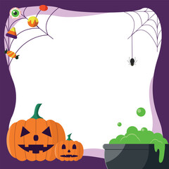 Halloween frame with pumpkins, spiders, sweets and potion. Vector illustration.