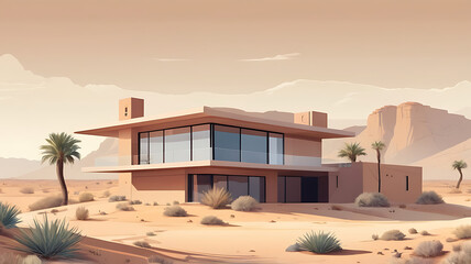 Fototapeta premium A modern desert house blending into the arid landscape, symbolizing adaptation and modern desert living.