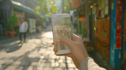 A person scans a QR code on their smartphone while walking through a sunlit urban alley, highlighting modern technology blending with everyday life.