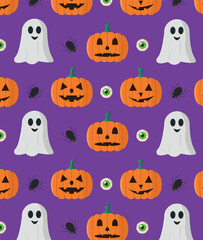 Seamless pattern with Halloween pumpkins and ghosts. Vector illustration.