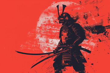 a draw of a japanese samurai musashi on a red background