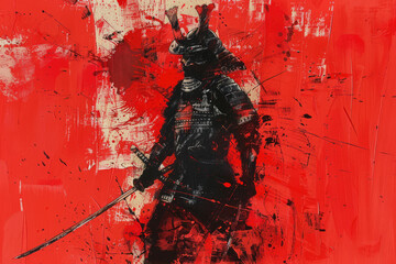 a draw of a japanese samurai musashi on a red background