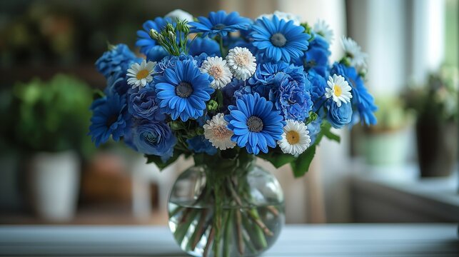 Blue and White Flower Bouquet in Vase, Ideal for Home Decor and Special Occasions